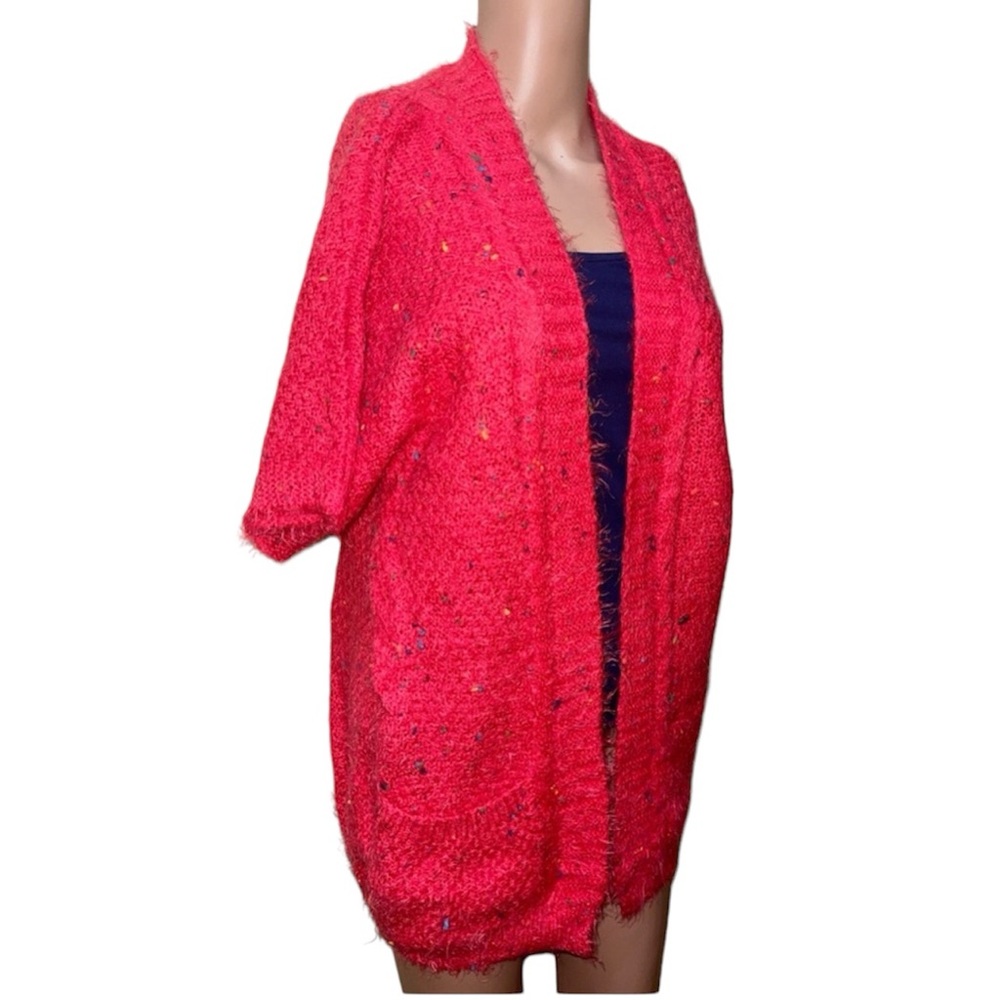 BCBGMAXAZRIA CARDIGAN CHUNKY CONFETTI KNIT SWEATER OPEN FRONT RED COLOR SIZE L - Picture 6 of 16